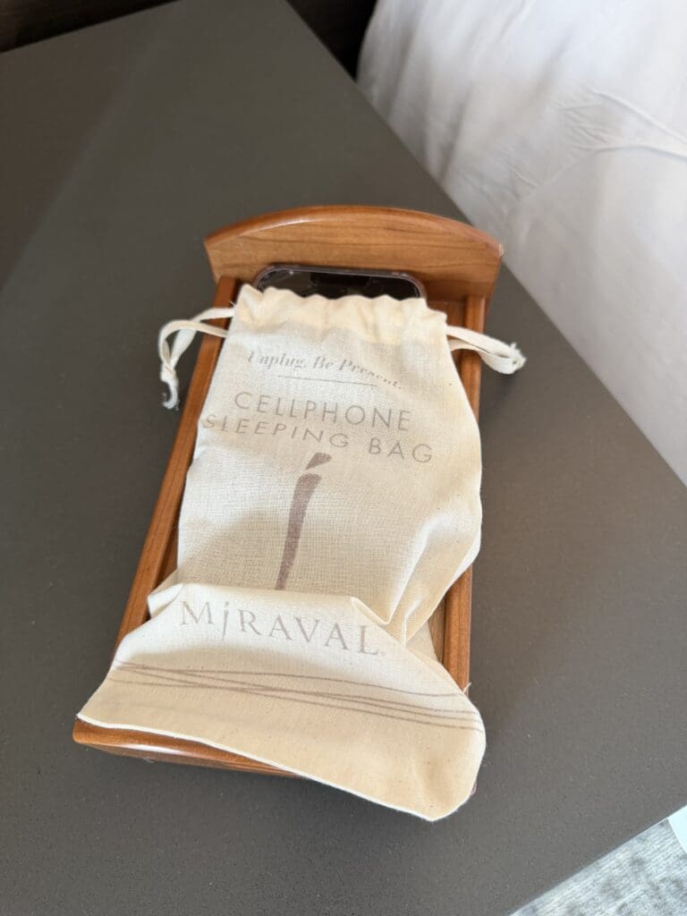 Miraval cellphone sleeping bag encouraging guests to unplug and limit screen time.